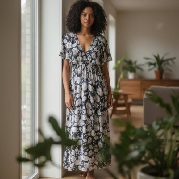 She + Sky Dresses & Skirts - She + Sky Black, Cream, and Blue Floral Maxi Dress L NWT